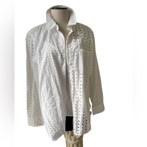 J CREW White Eyelet Long Sleeve Button Down Cotton Shirt Preppy Cami Size 14